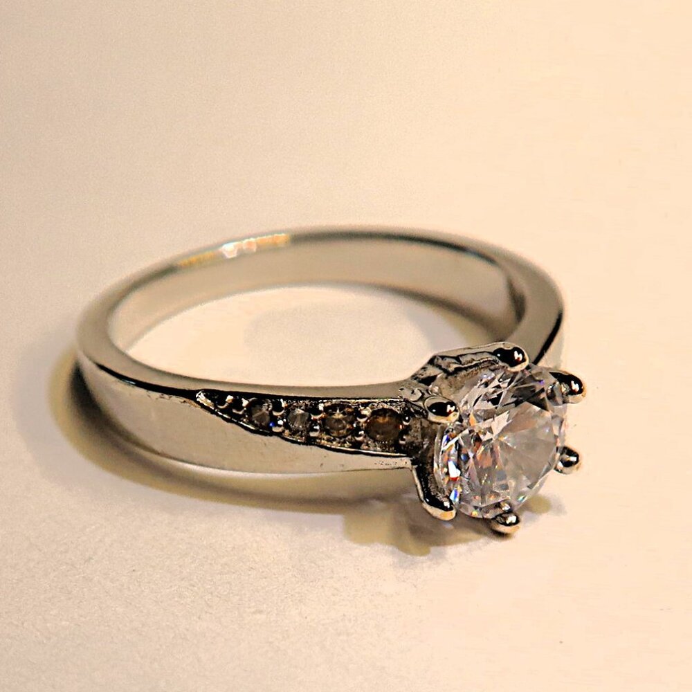 Silver Tone Dainty Ring with White Stone Bling Sz 6.75